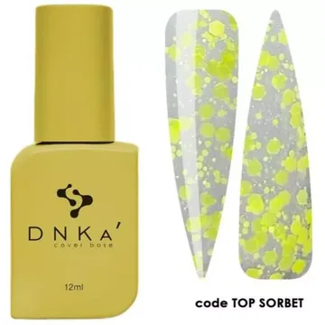 DNK'a / Топ для гель-лаку без липкого шару / Top Sorbet / прозорий з жовтими пластівцями /12 мл (Розпродаж. Придатний до 07.04.2026)